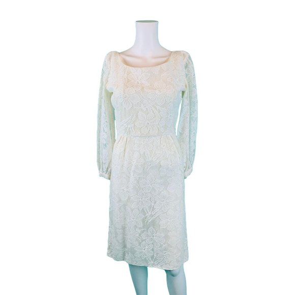 Vintage 60s Lace Dress Womens Extra Small White Floral Mini Cocktail - Picture 2 of 10